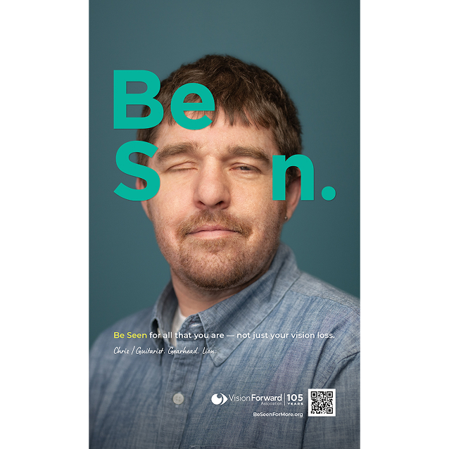 Visually impaired man with text over him reading Be Seen.