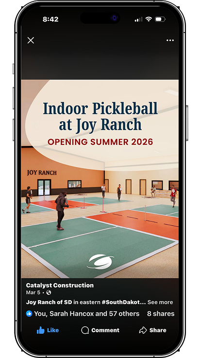 LinkedIn post reading Indoor Pickeball at Joy Ranch in 2026.