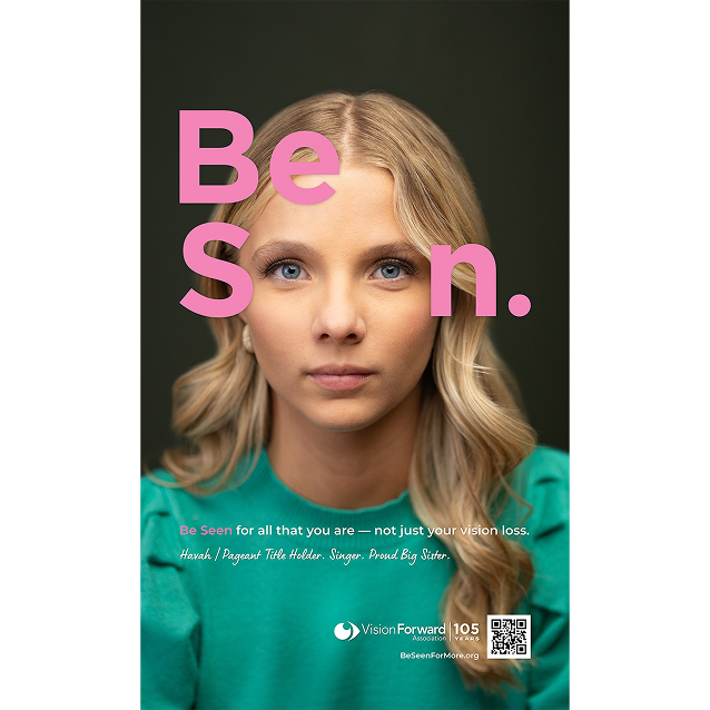 Woman with text over her reading Be Seen.