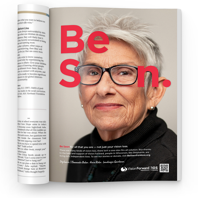 Magazine spread with title, Be Seen, featuring a woman.