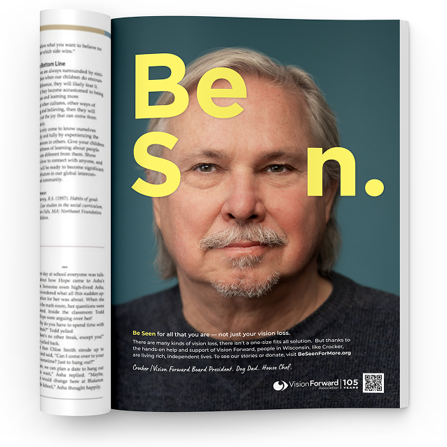 Magazine spread with title, Be Seen, featuring a man.